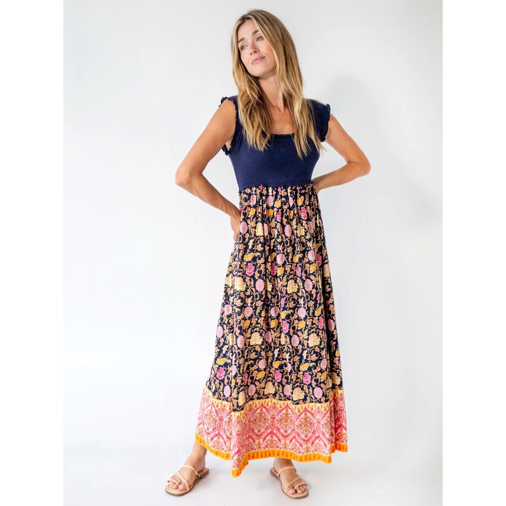 Natural Life Women Navy Blue Floral Paisley Mixed Media Maxi Dress Large Boho